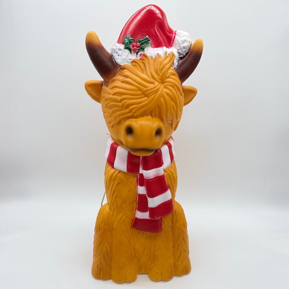 Highland Cow In Santa Hat & Scarf 24” Blowmold Christmas Decor NEW w/ Flaws
